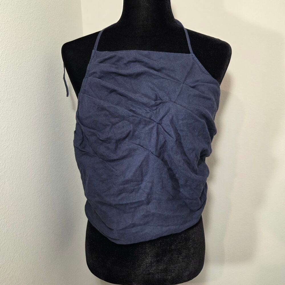 Blue Ribbed Halter Top Linen Cotton Blend Open Edit Sz Large